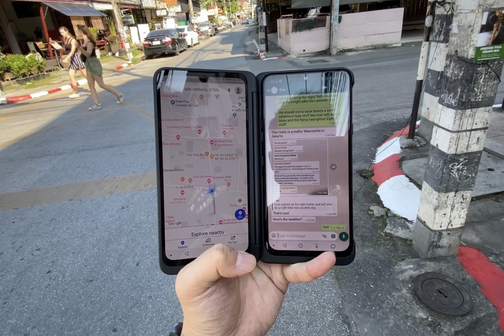 The LG G8X ThinQ Dual Screen comes in handy when travelling. One screen shows the map app, the other shows a messaging app. Photo: Ben Sin
