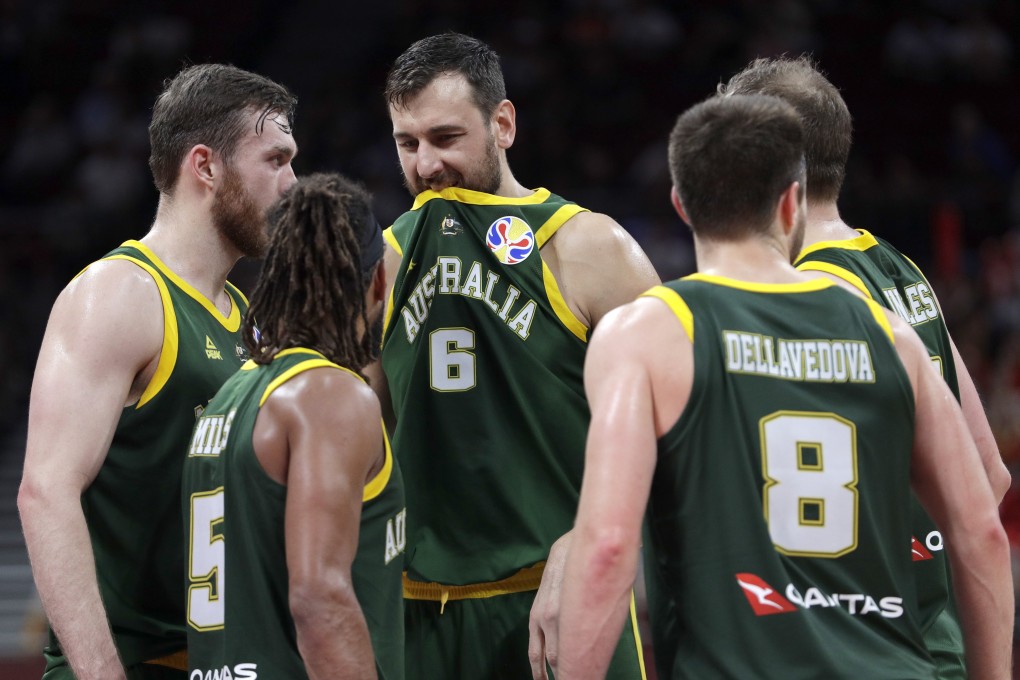 Andrew Bogut of Australia (centre) reacts during their Fiba World Cup semi-final match against Spain in Beijing. Photo: AP