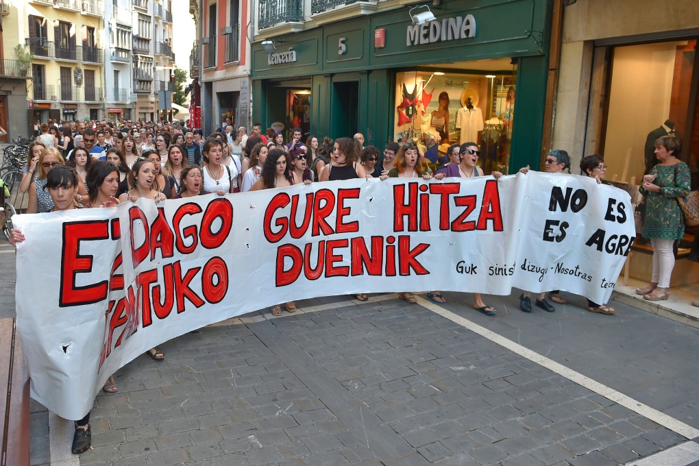 Demonstrators in Pamplona, Spain, in June 2018 after a court ordered the release on bail of five men in the ”wolf pack” case. The men were each later sentenced to 15 years imprisonment. Photo: AFP