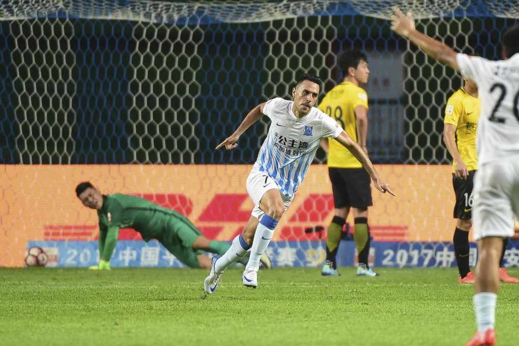 Eran Zahavi scores for Guangzhou R&F during the 2017 Chinese Super League season. Photo: Xinhua