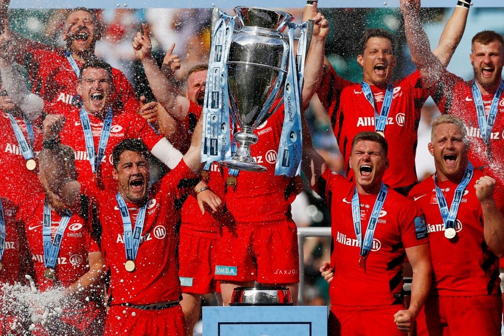 Saracens players celebrate winning the Premiership final in June. Photo: Reuters