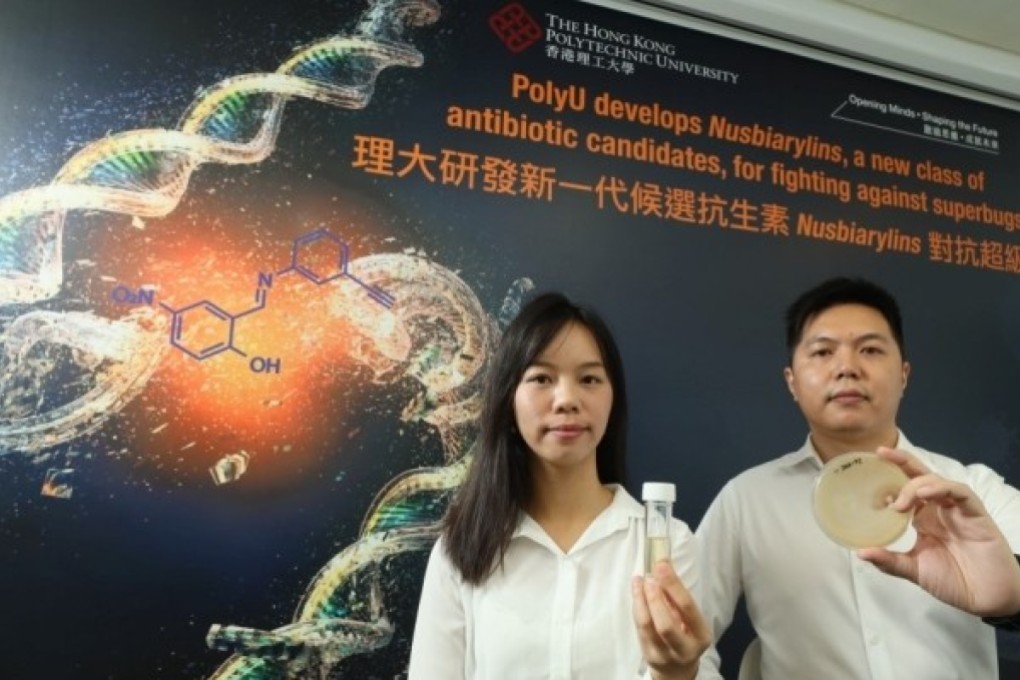 A Hong Kong research team, led by Dr Ma Cong (right), has developed nusbiarylins, a new class of antibiotic to help fight superbugs. Chan Shu Ting (left) is a student participating in the project.