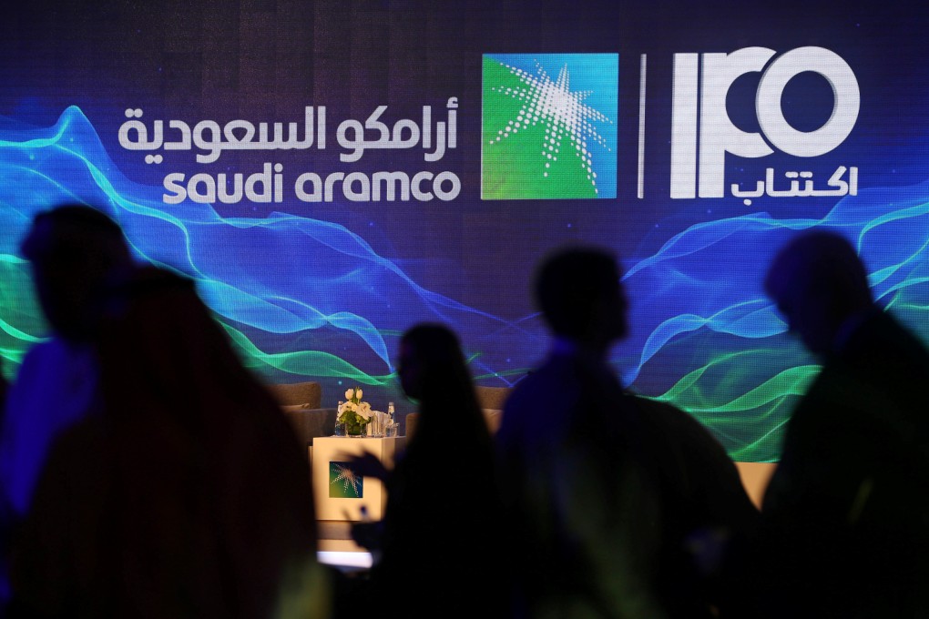 A sign about Saudi Aramco’s initial public offering (IPO) is seen during a news conference by the state oil company. Photo: Reuters