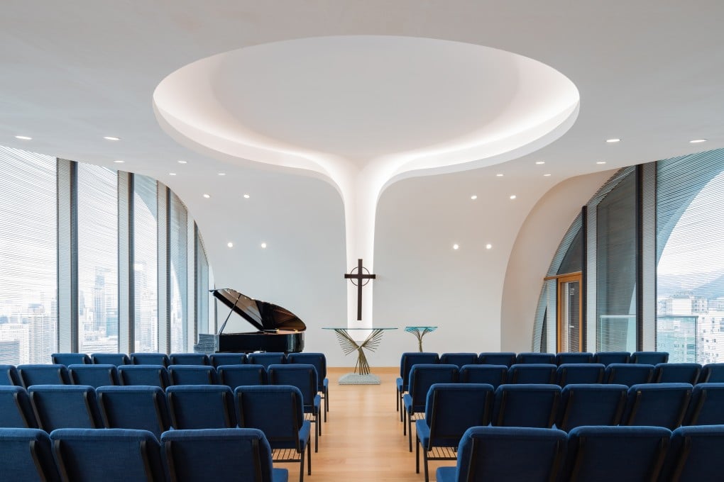 The Sky Chapel 22 floors up in Wesleyan House Methodist Church, Wan Chai, Hong Kong, designed by local architect Rocco Yim, makes maximum use of natural light and offers panoramic views of Hong Kong.
