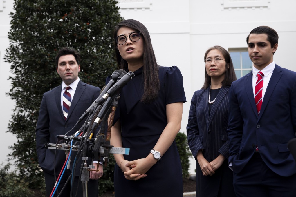 Grace Jo (centre), who was born in North Korea, speaks to the media outside the White House after a meeting with US President Donald Trump on Thursday. Photo: EPA-EFE