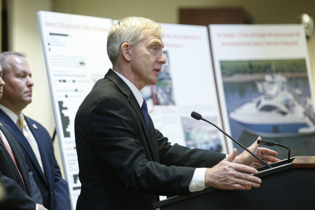 US Attorney Richard Donoghue speaks at a press conference on Thursday on charges against a New York firm over illegal importation of Chinese surveillance equipment. Photo: AFP