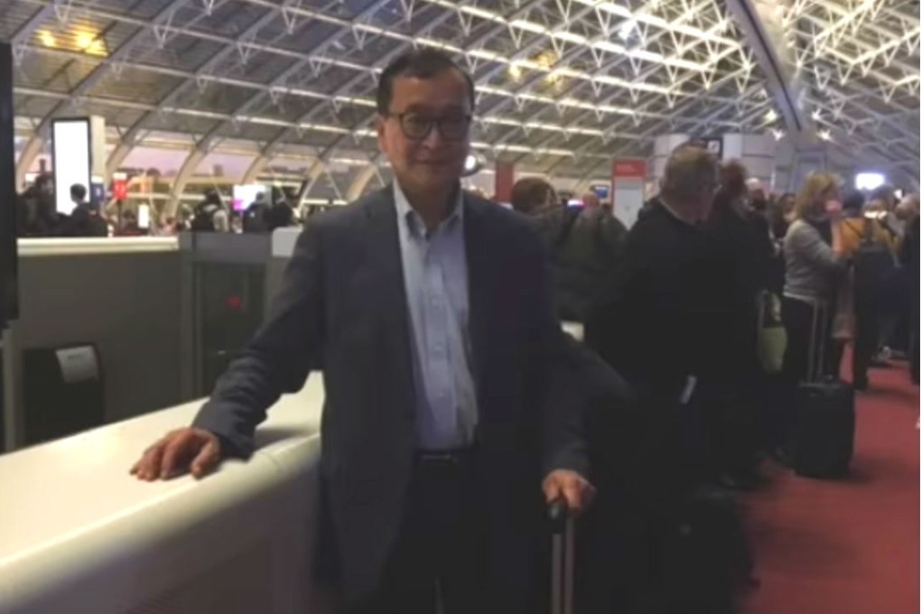Cambodian opposition figure Sam Rainsy at a Paris airport late on Friday. Photo: Facebook