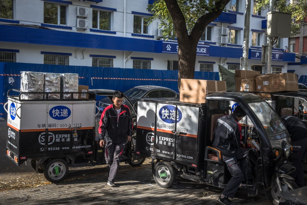 Delivery drivers in Beijing prepare for Singles' Day. Photo: EPA-EFE