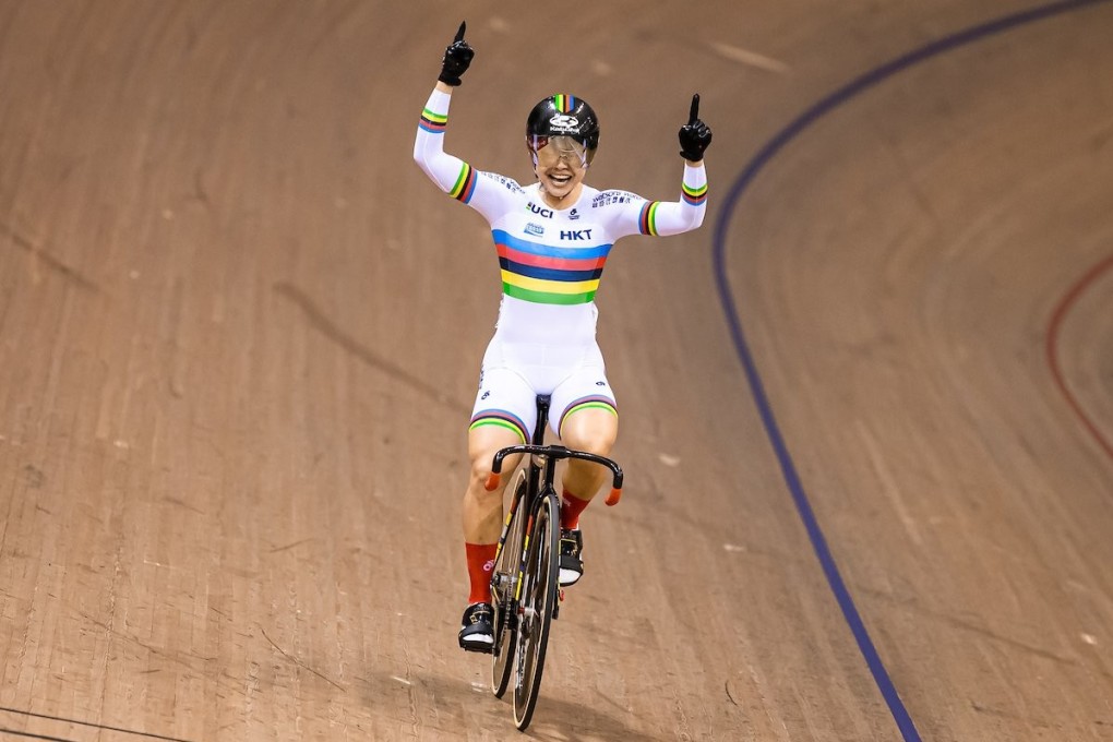 Sarah Lee enjoys her victory lap after claiming the women’s sprint final. Photos: UCI