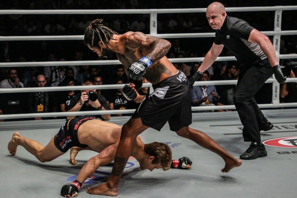 Sage Northcutt hits the canvas during his fight against Brazilian veteran Cosmo Alexandre at One Championship in Singapore. Photo: One Championship