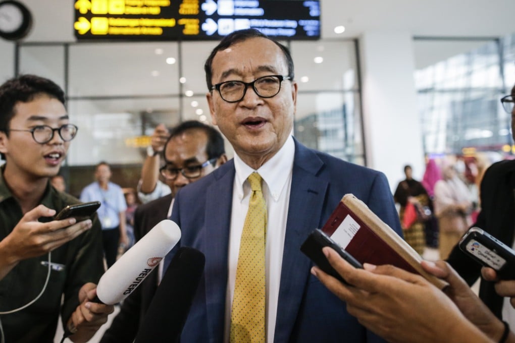 Cambodian opposition figure Sam Rainsy after arriving in Jakarta. Photo: EPA