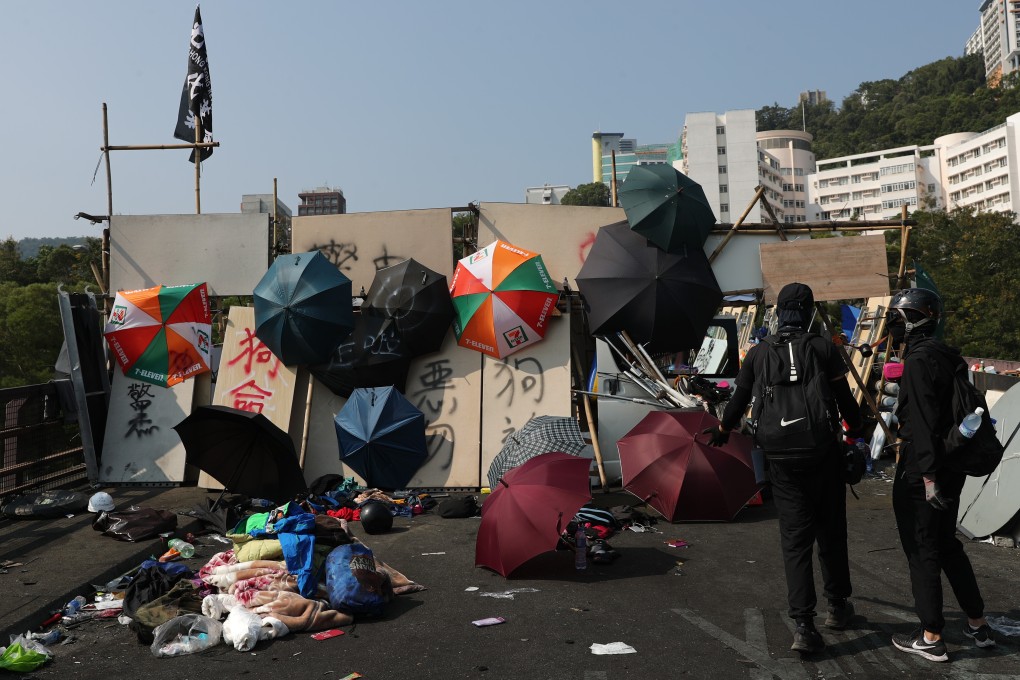 A roadblock set up by anti-government protesters at the entrance of Chinese University in Hong Kong. Photo: Sam Tsang