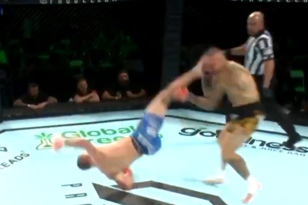 Davy Gallon KOs Ross Pearson with a rolling thunder kick. Photo: Twitter/MTK MMA