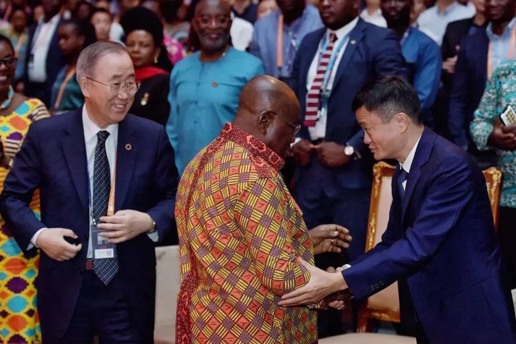 From left, former UN secretary general Ban Ki-moon, Ghanaian President Nana Akufo-Addo, and Alibaba founder Jack Ma at the first Africa Netpreneur Prize awards. Photo: Handout