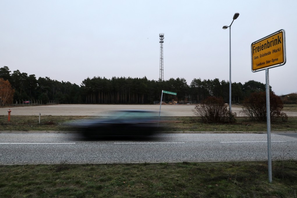 The town sign of Freienbrink, the industrial park of Gruenheide. Tesla plans to build its first European factory in Gruenheide in Brandenburg, near Berlin. Photo: EPA-EFE