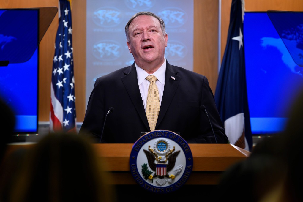 US Secretary of State Mike Pompeo speaking at the US Department of State in Washington on Monday. Photo: AFP