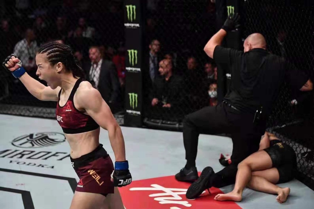 Zhang Weili celebrates her UFC Shenzhen win against Jessica Andrade. Photo: Brandon Magnus/Zuffa LLC