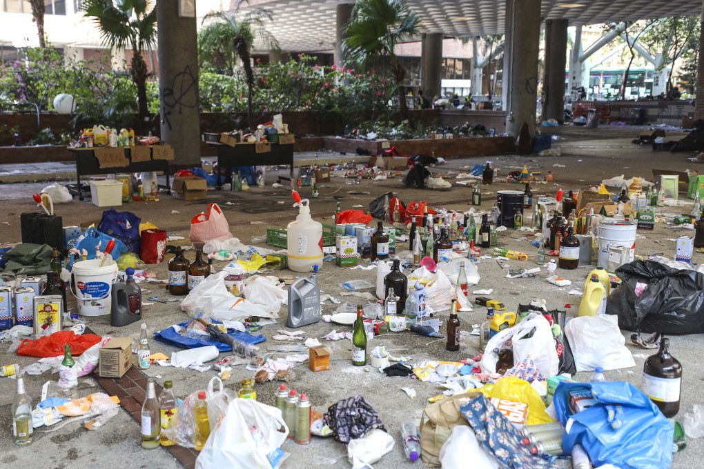 Trash and liquid containers are strewn all over PolyU. Photo: Dickson Lee