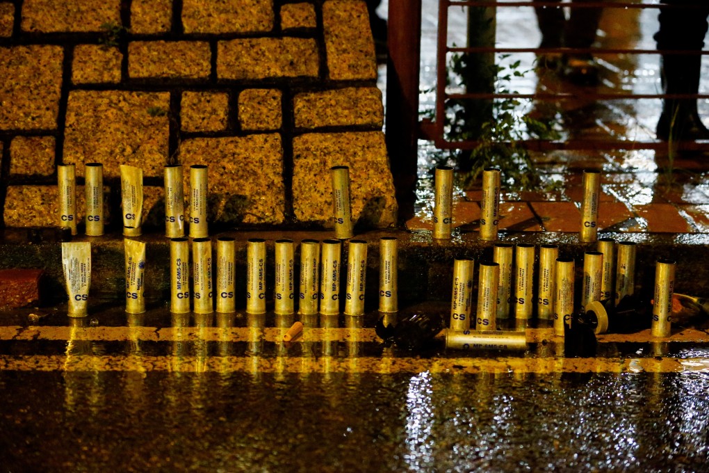 Tear gas canisters are lined up after police clash with anti-government protesters in Tsuen Wan on August 25, 2019. Photo: Reuters