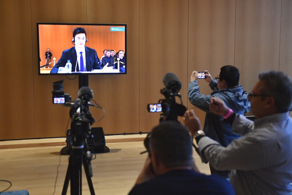 Journalists watch Sun Yang’s public hearing from the media room at the Court of Arbitration for Sport in Montreux, Switzerland. Photo: Xinhua