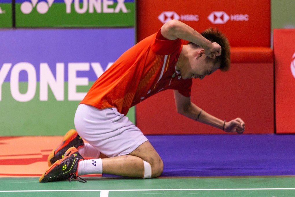 Hong Kong’s Lee Cheuk-yiu celebrates defeating Indonesia’s Anthony Ginting during the men’s singles final of the Hong Kong Open. Photo: Handout