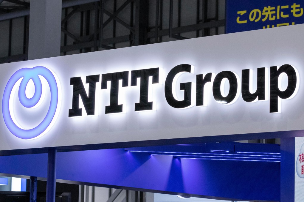 A logo of NTT Group is seen at a conference in Tokyo on April 3 this year. NTT said it was forming a global technology and services provider by combining capabilities of 28 of its companies, including NTT Communications Corp, Dimension Data Holdings and NTT Security Corp. Photo: Alamy