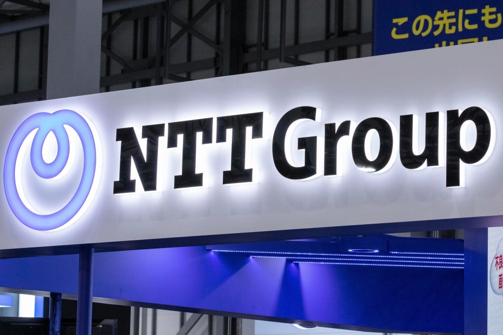 A logo of NTT Group is seen at a conference in Tokyo on April 3 this year. NTT said it was forming a global technology and services provider by combining capabilities of 28 of its companies, including NTT Communications Corp, Dimension Data Holdings and NTT Security Corp. Photo: Alamy