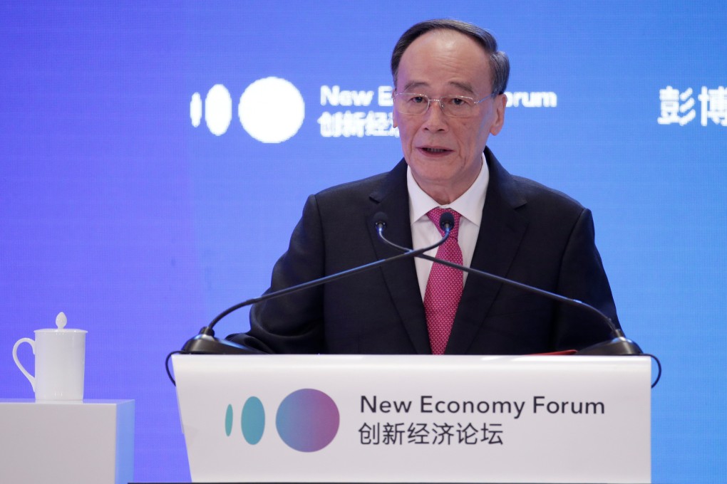 Chinese Vice-President Wang Qishan delivers his speech at the New Economy Forum in Beijing on Thursday. Photo: Reuters