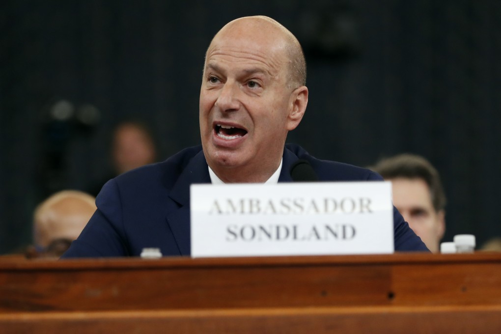 Gordon Sondland, US ambassador to the EU, gives his opening statement as he testifies before the House Intelligence Committee in Washington on Wednesday. Photo: AP