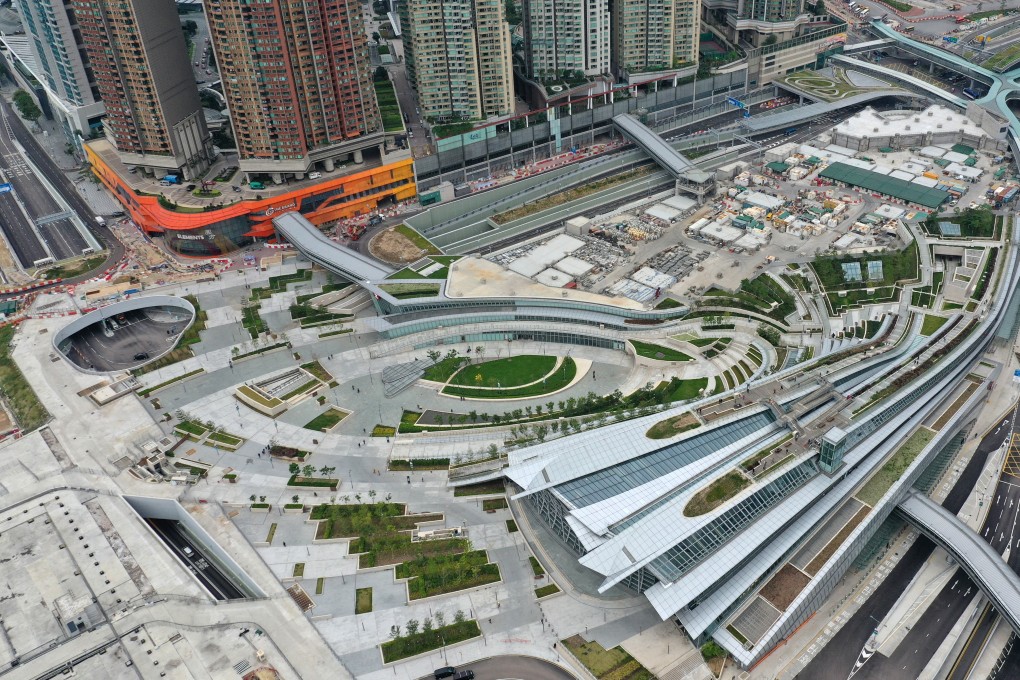 Aerial drone view of the Hong Kong High Speed Rail Station, West Kowloon Train Station in Kowloon. Photo: Roy Issa