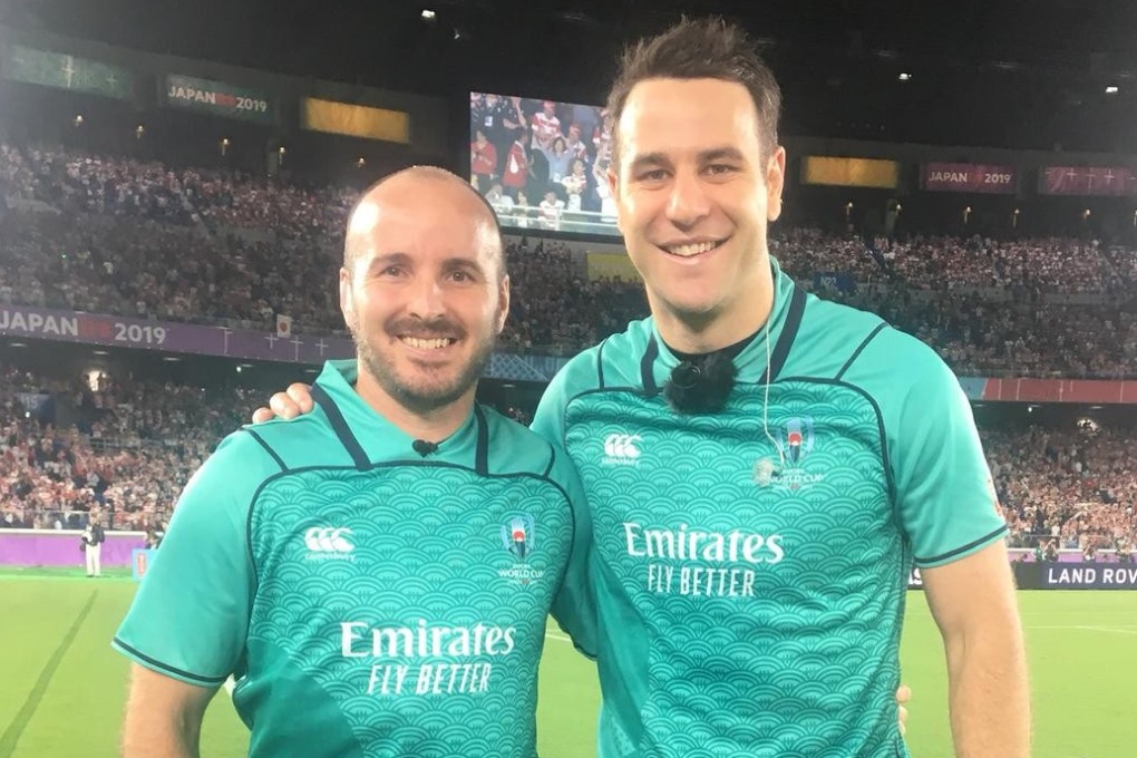 Tim Baker (left) joins old friend Ben O'Keefe in officiating for the Japan vs Scotland match at the 2019 Rugby World Cup. Photo: Handout