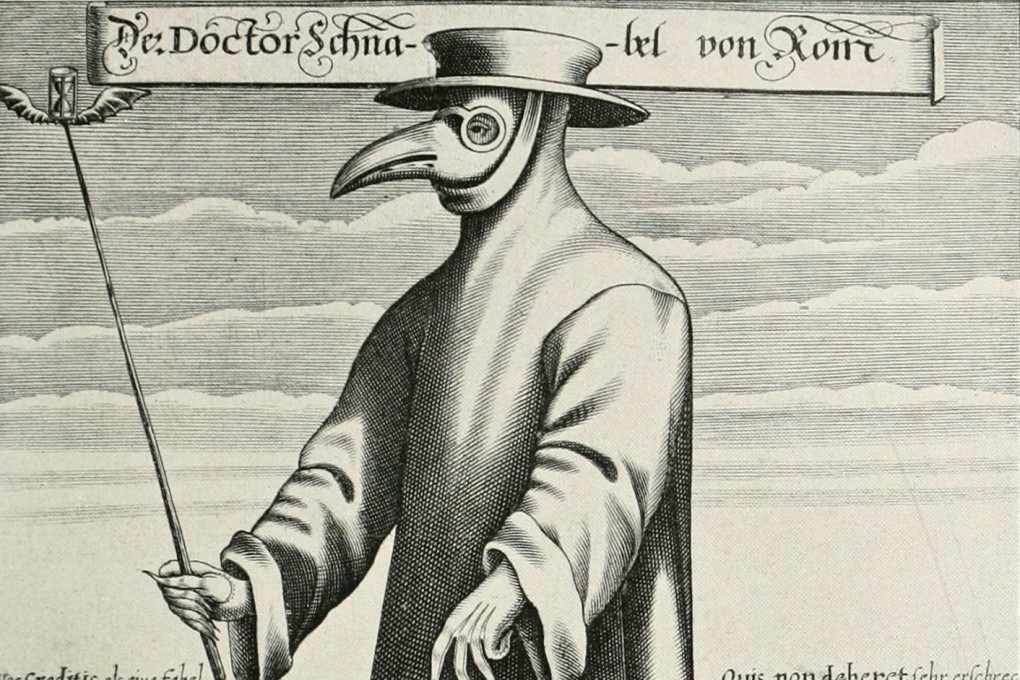 An engraving of a plague doctor in 17th century Rome. Image via Wikimedia