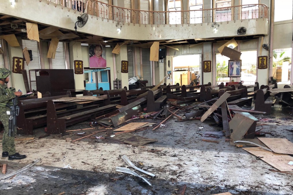 Debris seen inside a church attacked by two suicide bombers in Sulu, Philippines, on January 27, 2019. Photo: EPA-EFE