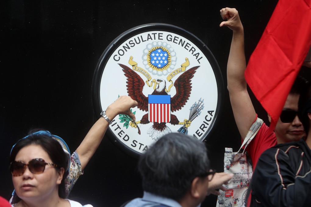 A group of citizens from the 'Voice of Loving Hong Kong' group protests against the Hong Kong Human Rights and Democracy Act, at the Consulate General of the United States in Central this month. Photo: SCMP