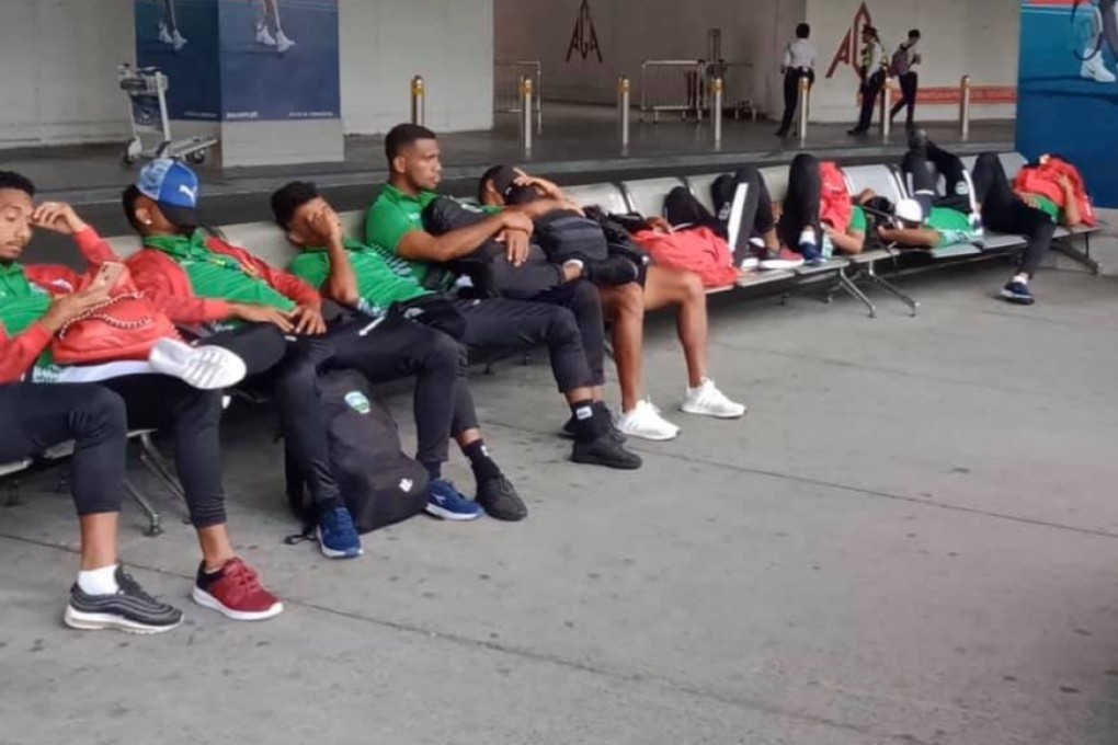 Timorese players wait for hours at the airport before being transported to their hotel for the 2019 SEA Games. Photo: Facebook