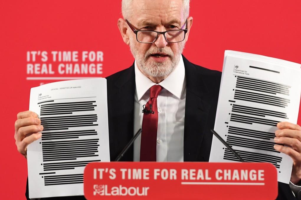 Labour Party Leader Jeremy Corbyn holds up redacted documents of secret talks between the UK and US governments during a speech on the NHS in London. Photo: EPA