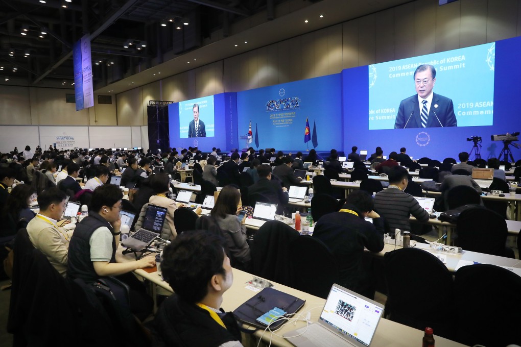 South Korean President Moon Jae-in speaks in Busan on Monday. Photo: EPA-EFE
