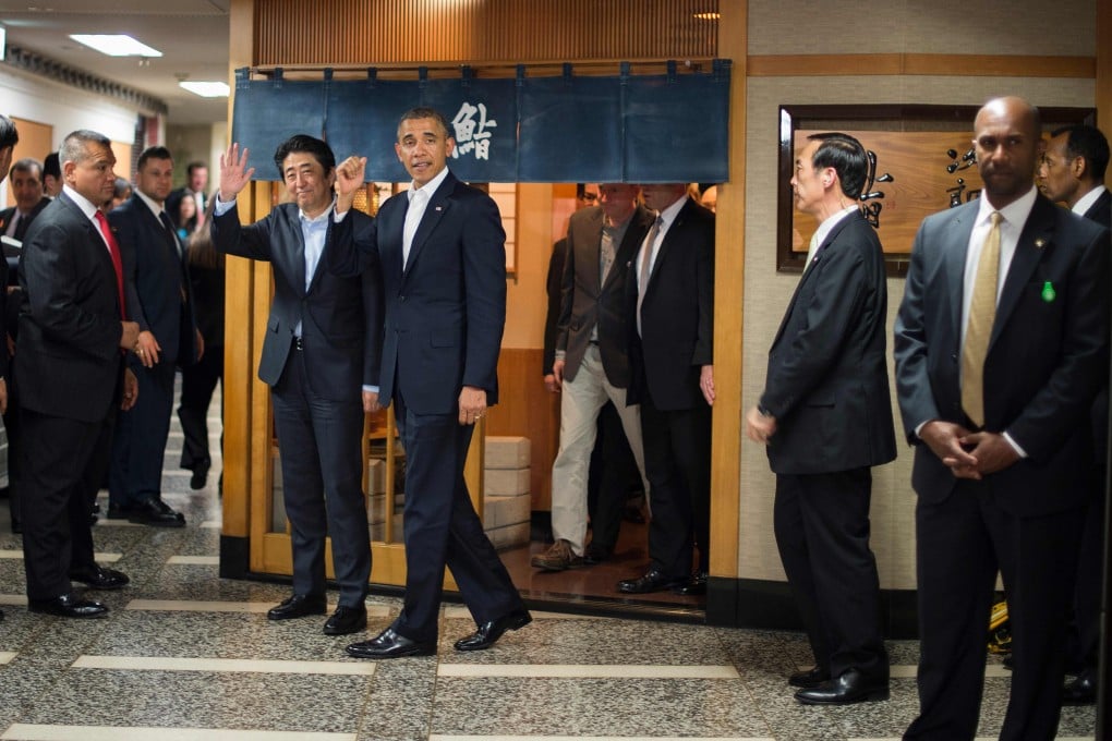 Barack Obama and Japan’s Shinzo Abe after a private dinner at Sukiyabashi Jiro in Tokyo. Photo: Jim Watson/AFP