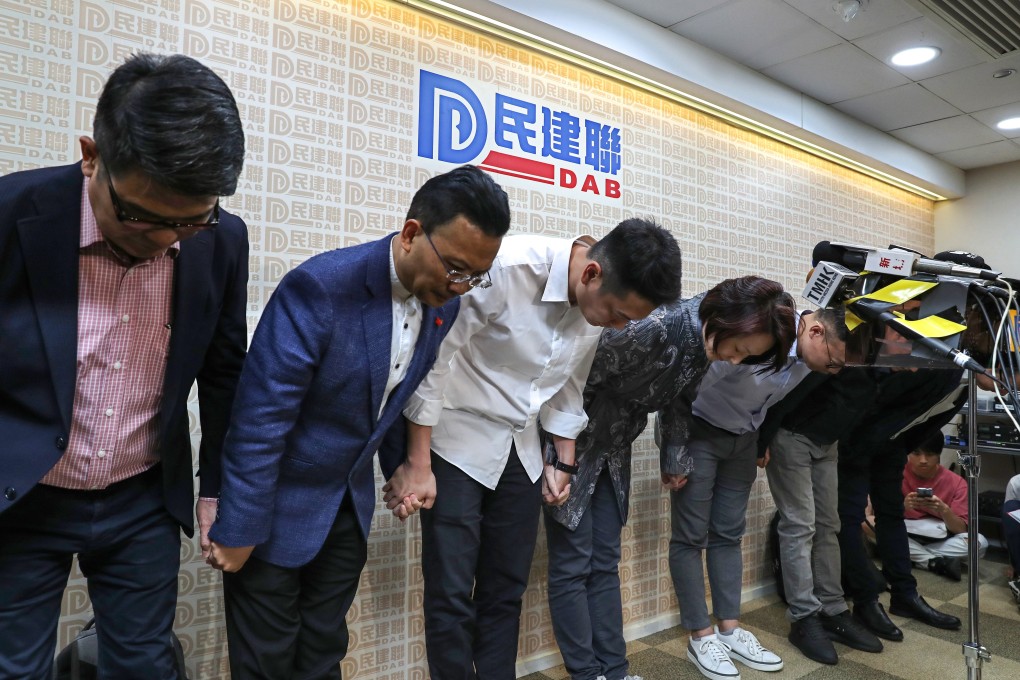 Members of Democratic Alliance for the Betterment and Progress of Hong Kong (DAB) at a press conference after the district council election results on November 25. Photo: Robert Ng