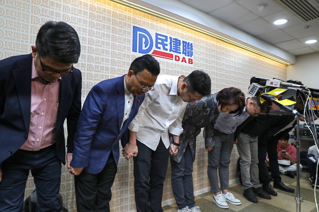 Top members of the Democratic Alliance for the Betterment and Progress of Hong Kong (DAB), the city’s largest pro-establishment party, hold a press conference at their headquarters in North Point on November 25. Only 21 out of 181 DAB candidates emerged victorious at the previous day’s district council elections. Photo: Robert Ng
