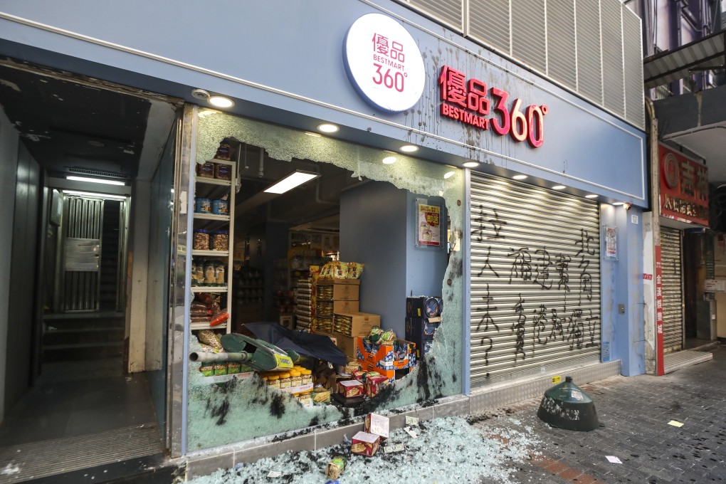 The morning after: a Best Mart 360 shop that was vandalised in Jordan during a mass rally on the 70th anniversary of the People’s Republic of China on October 1, 2019. Photo: Dickson Lee