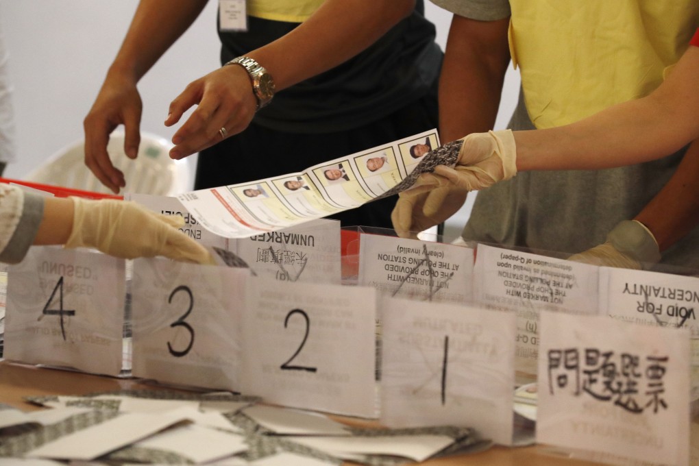 Officials count ballots at a polling station during the district council elections last Sunday. Photo: EPA-EFE