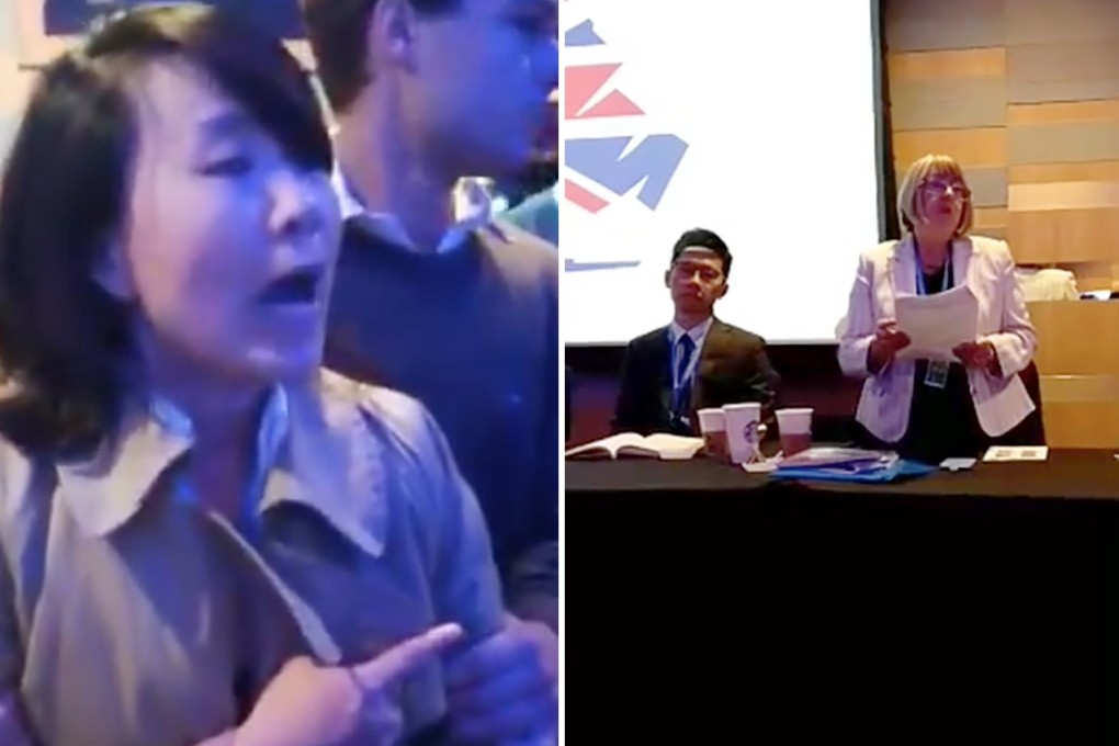 A combination image showing CCTV journalist Kong Linlin (left), who shouted from her seat and slapped an activist at an event organised by Hong Kong Watch and British's Conservative Party Human Rights Commission. Photos: Twitter