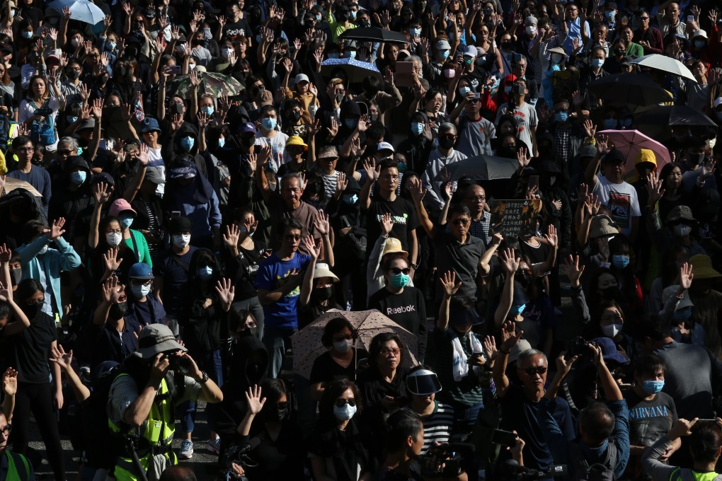 The protesters gather at Chater Garden in Central on Saturday afternoon, signalling they still want the five demands to be met. Photo: Jonathan Wong