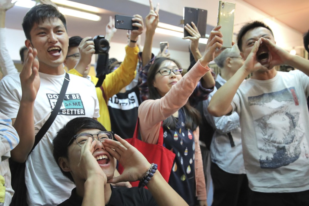 Pro-democracy supporters celebrate the results of district council elections in Hong Kong. Photo: AP