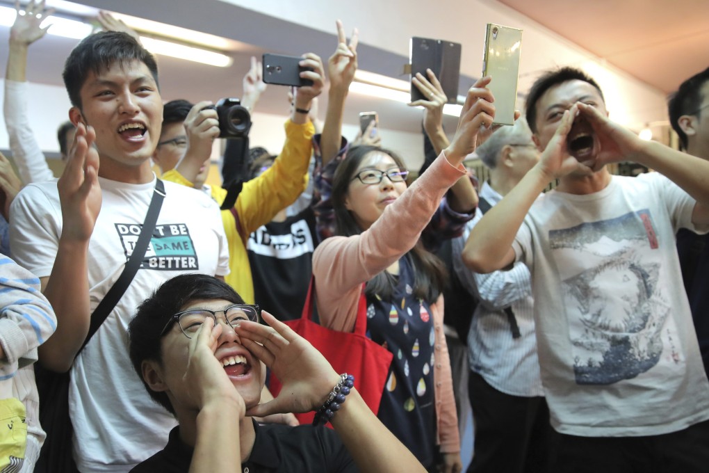 Pro-democracy supporters celebrate their win in the Hong Kong District Council elections. Photo: AP