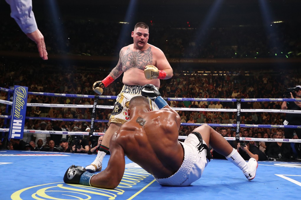 Andy Ruiz Jnr knocks down Anthony Joshua in the third round of their first heavyweight title fight at Madison Square Garden in June. Photo: AFP