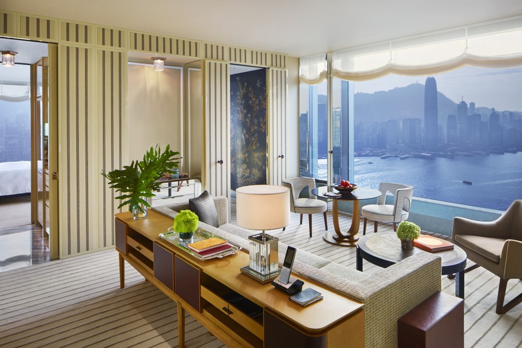 The living room of a one-bedroom apartment at Rosewood Residences, Victoria Dockside, Salisbury Road