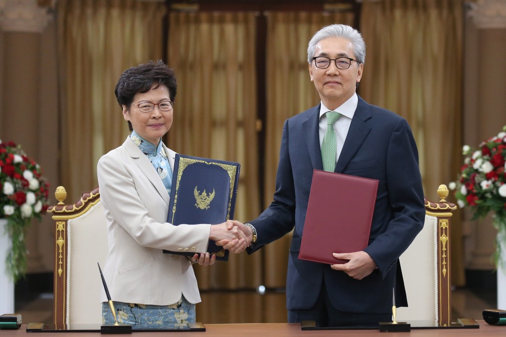 Hong Kong Chief Executive Carrie Lam (L) and Thai Deputy Prime Minister Somkid Jatusripitak after signing a memorandum of understanding (MOU) during a ceremony at the Government House in Bangkok, Thailand. Photo: EPA-EFE
