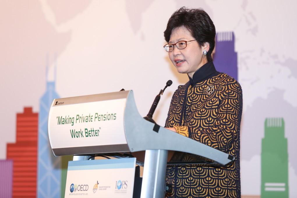 Then chief secretary Carrie Lam attends a forum on private pensions in Tsim Sha Tsui in November 2016. In a private conversation, Lam had said that Hong Kong’s pension system, its rail network and the Link Reit were “mountains” to be tackled. Photo: Xiaomei Chen